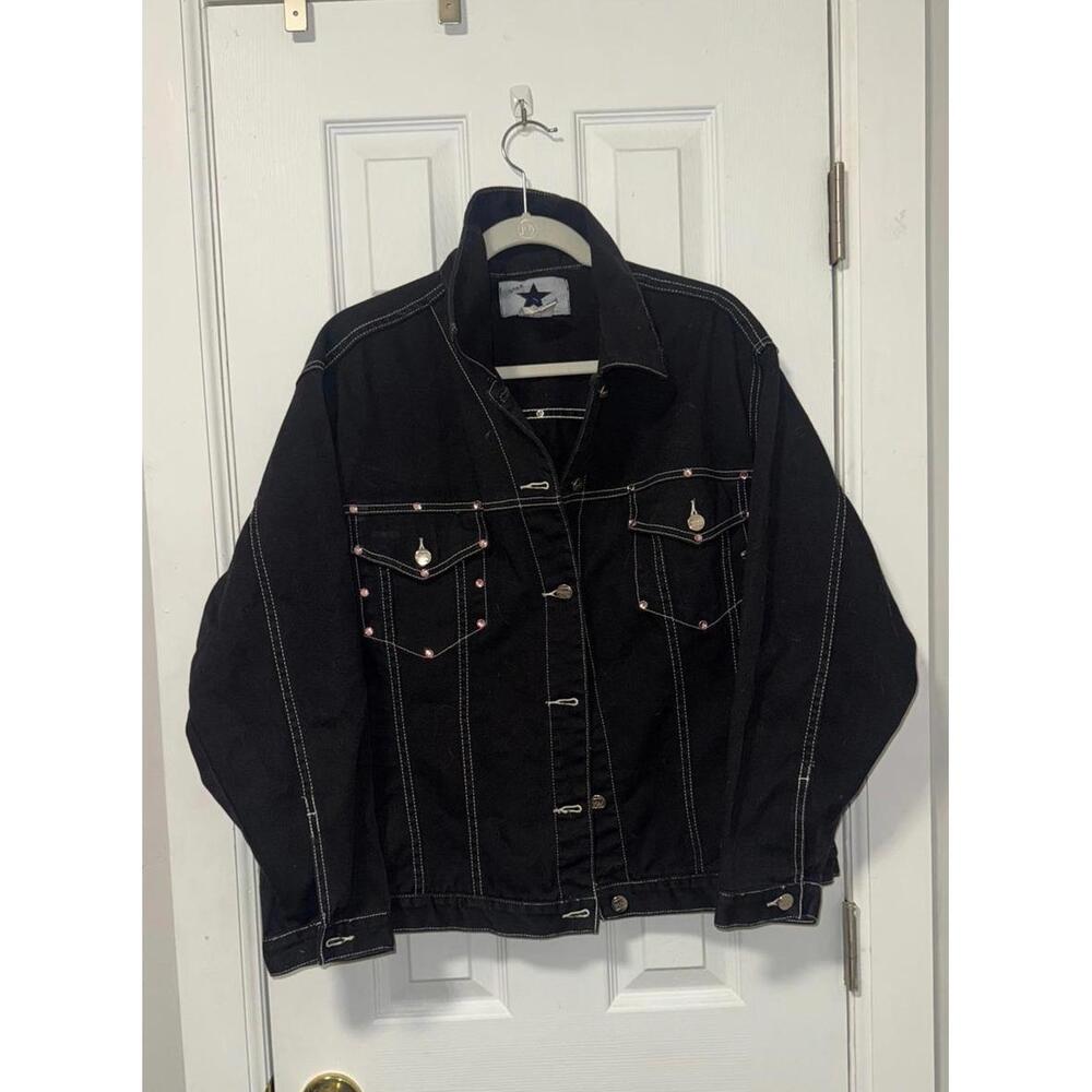 Vintage Black Jean Jacket with Pink Rhinestone Details by Star Denim Size 1X